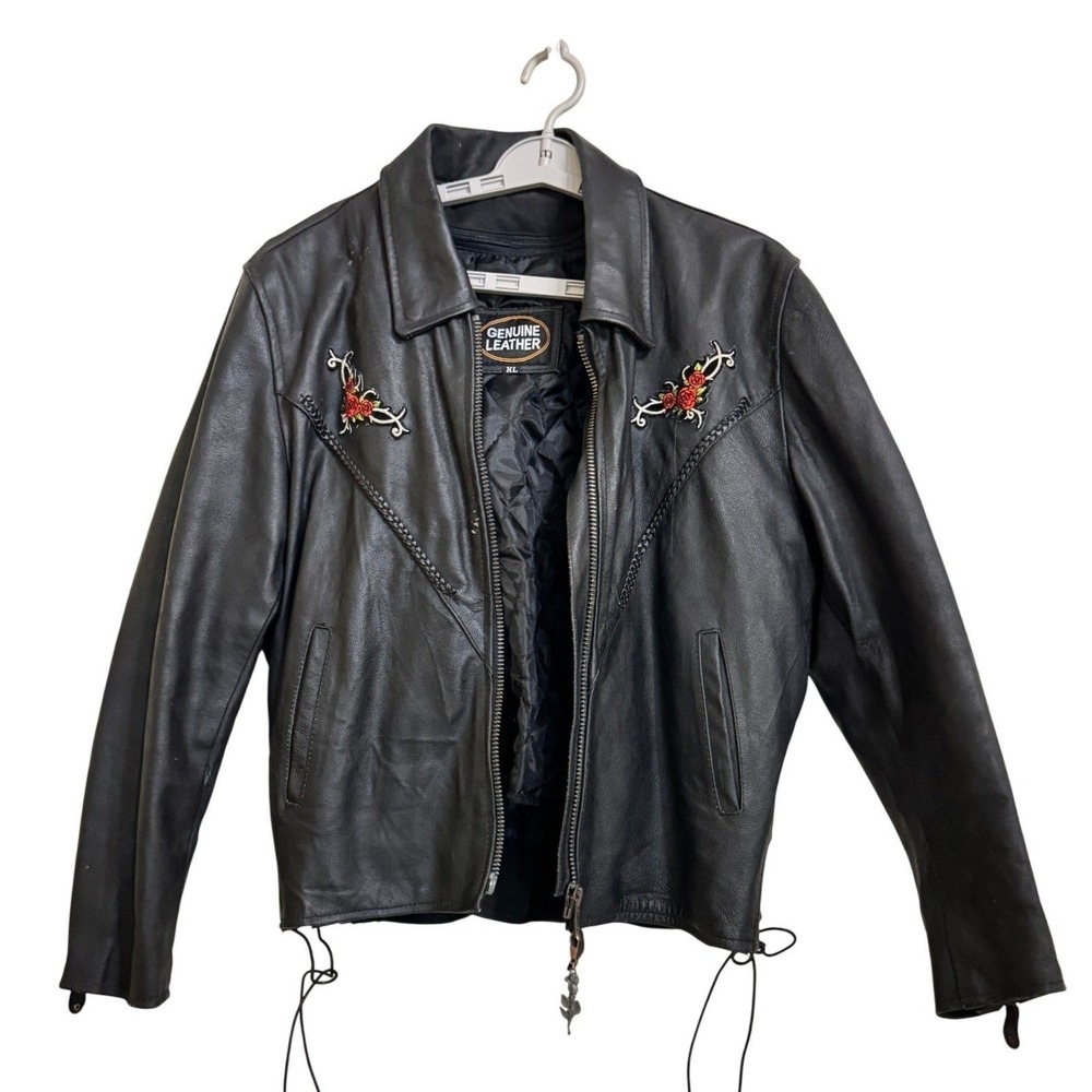 Genuine Leather Black Biker Jacket Women XL Lady Rider Rose Embroidered